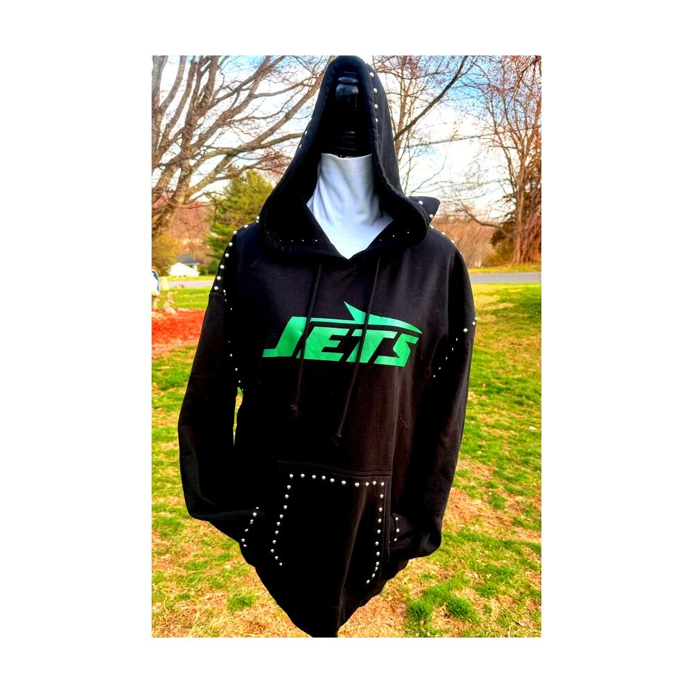 Black NY Jets studded hoodie 1X pullover sweatshirt silver stud trim NFL UNIQUE